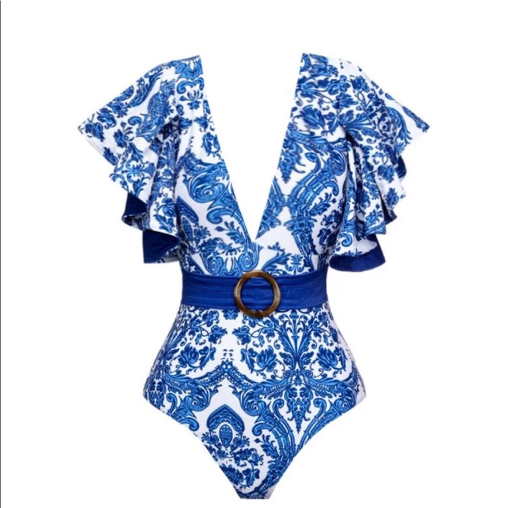 Dolce & Gabanna Inspired Blue & White Ruffle Belted Swimsuit